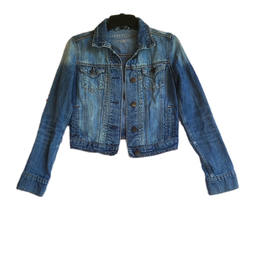 Aeropostale Womens Denim Jacket Small Medium Wash Blue Jean Trucker‎ Crop Button